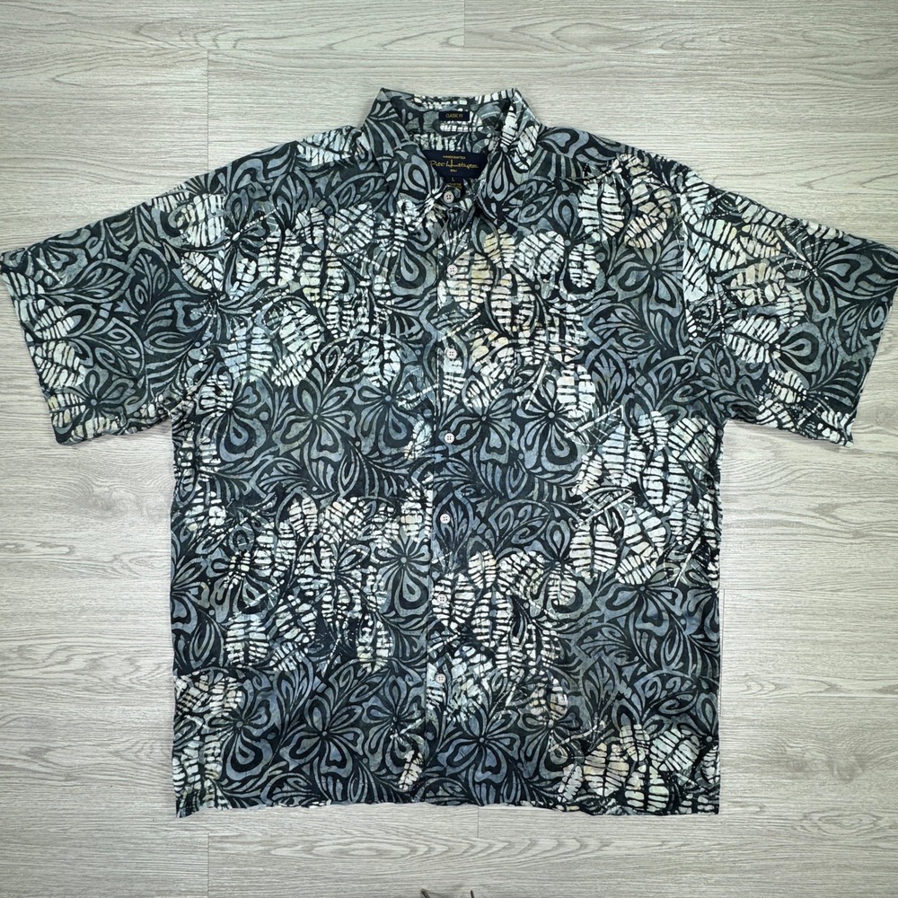 Pete Huntington Men's Button Down Shirt Classic Fit Batik Floral Blue Size Large